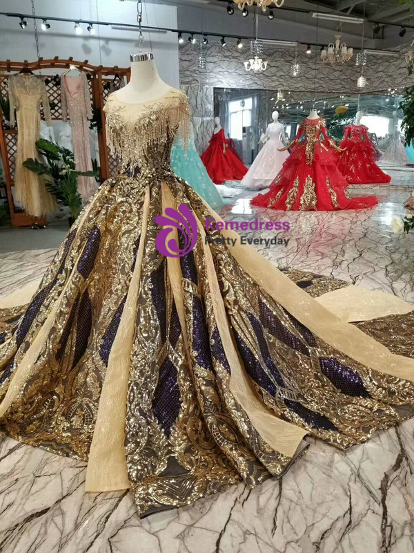 Gold Ball Gown Sequins Cap Sleeve Backless Wedding Dress With Train