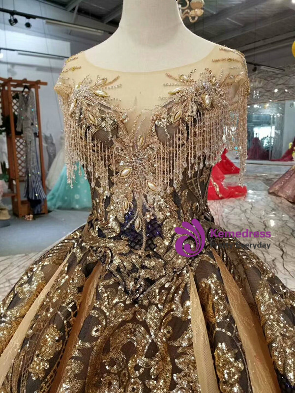 Gold Ball Gown Sequins Cap Sleeve Backless Wedding Dress With Train