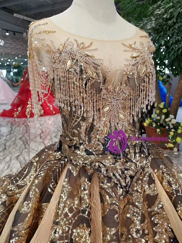 Gold Ball Gown Sequins Cap Sleeve Backless Wedding Dress With Train