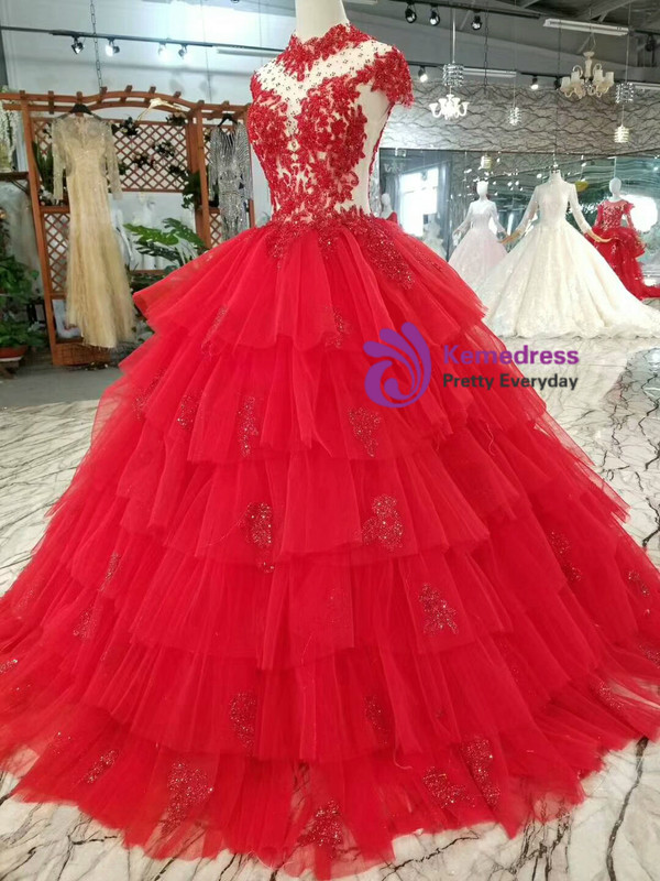 Red Ball Gown Tulle High Neck Backless Cap Sleeve Wedding Dress