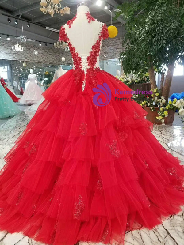 Red Ball Gown Tulle High Neck Backless Cap Sleeve Wedding Dress