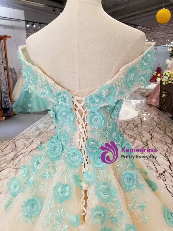 Champgne Tulle Green Appliques Off The Shoulder Wedding Dress With Beading