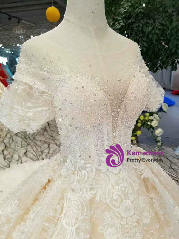 Champagne Tulle Sequins Bling Bling Puff Sleeve Backless Wedding Dress