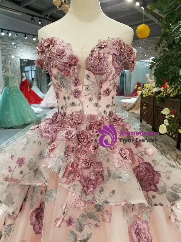 Pink Off The Shoulder Rose Embroidery Wedding Dress With Pearls