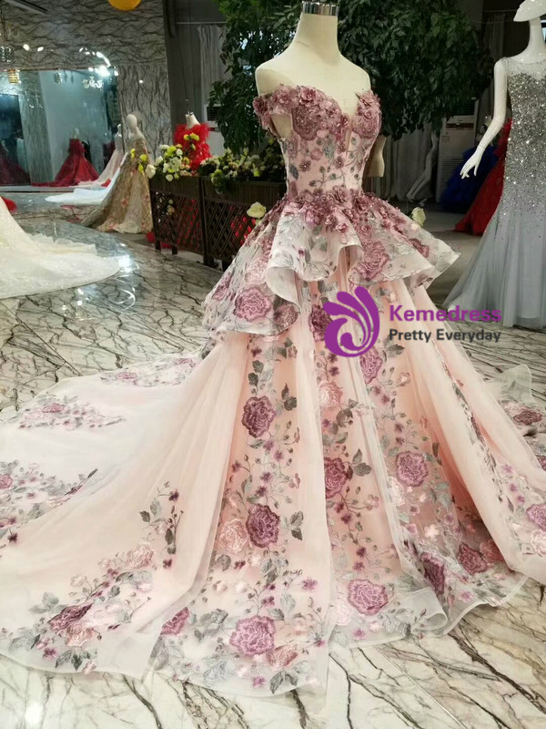 Pink Off The Shoulder Rose Embroidery Wedding Dress With Pearls