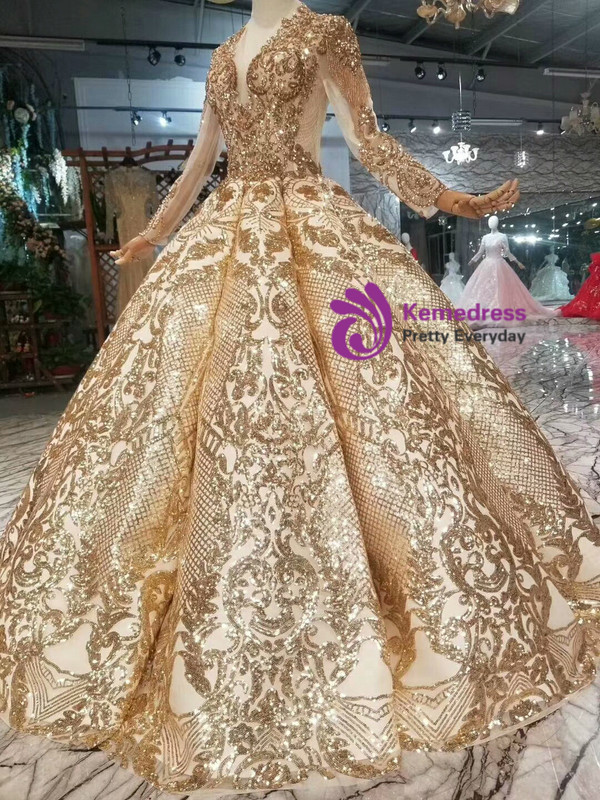 Gold Ball Gown Bling Bling V-neck Long Sleeve Wedding Dress