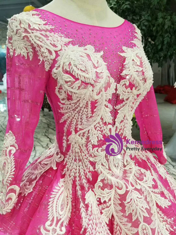 Fuchcia Tulle Sequins Long Sleeve White Lace Appliques Wedding Dress