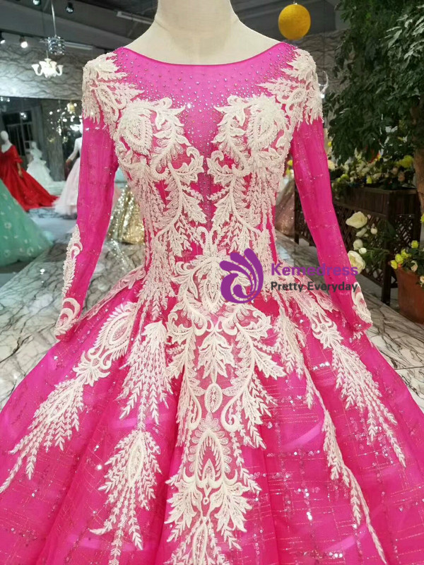 Fuchcia Tulle Sequins Long Sleeve White Lace Appliques Wedding Dress