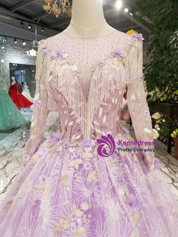 Light Purple Tulle Sequins Long Sleeve With Appliques Wedding Dress