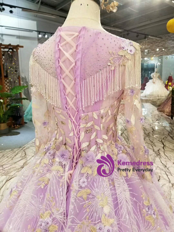 Light Purple Tulle Sequins Long Sleeve With Appliques Wedding Dress