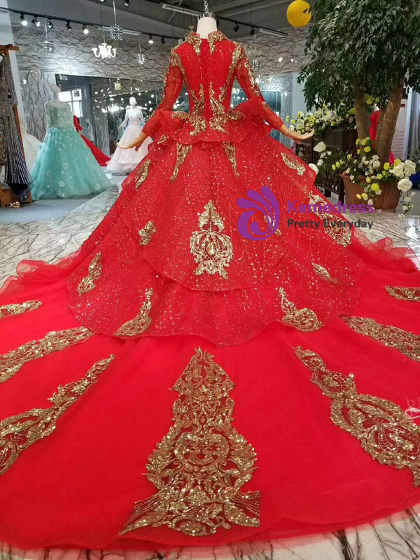 Red Tulle And Gold Sequins Appliques V-neck Long Sleeve Wedding Dress