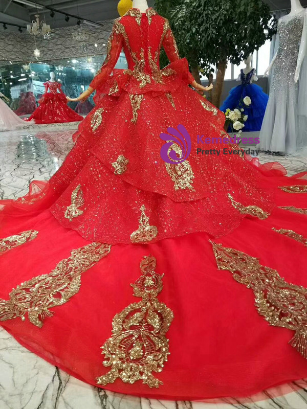 Red Tulle And Gold Sequins Appliques V-neck Long Sleeve Wedding Dress
