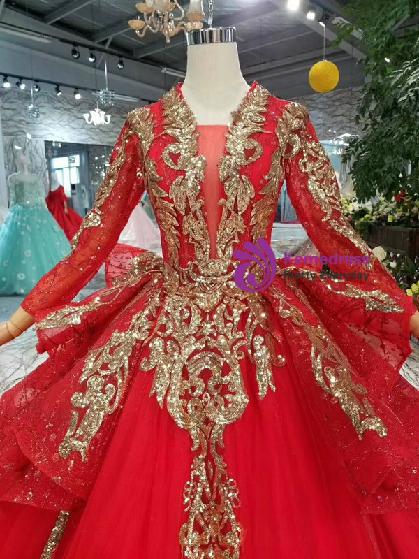 Red Tulle And Gold Sequins Appliques V-neck Long Sleeve Wedding Dress