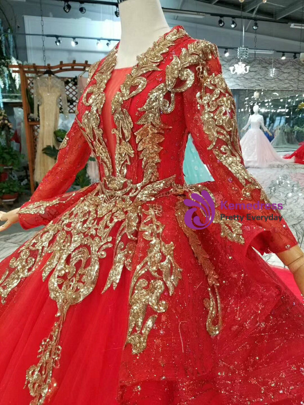 Red Tulle And Gold Sequins Appliques V-neck Long Sleeve Wedding Dress