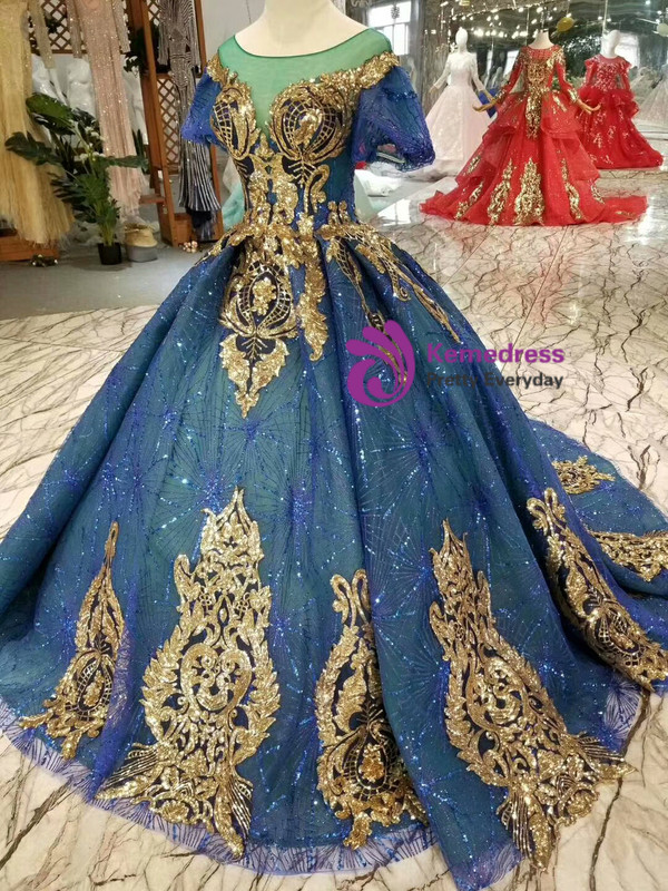 Royal Blue Ball Gown Sequins Gold Sequins Appliques Short Sleeve Wedding Dress