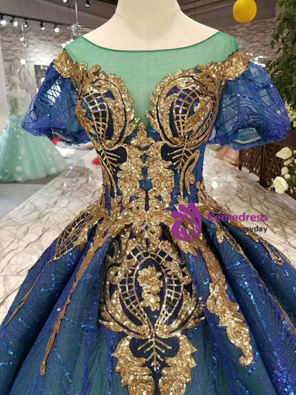 Royal Blue Ball Gown Sequins Gold Sequins Appliques Short Sleeve Wedding Dress