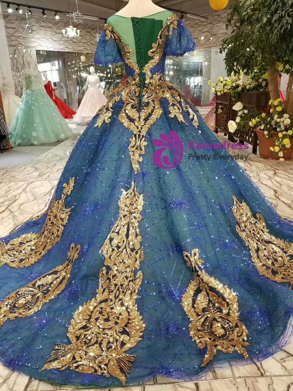 Royal Blue Ball Gown Sequins Gold Sequins Appliques Short Sleeve Wedding Dress