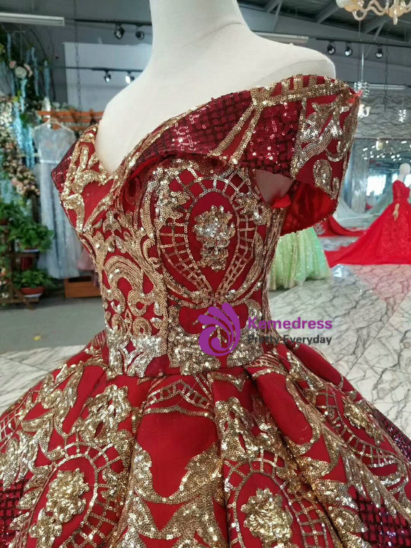 Red And Gold Sequins Appliques Off The Shoulder Wedding Dress