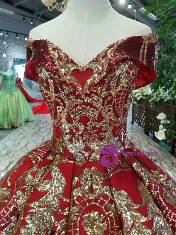 Red And Gold Sequins Appliques Off The Shoulder Wedding Dress