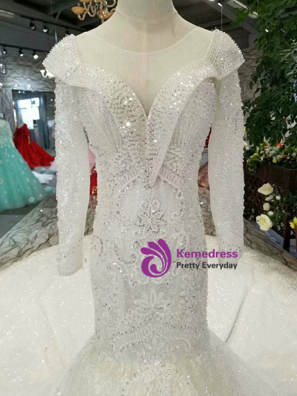 Light Champagne Tulle Sequins Mermaid Long Sleeve Wedding Dress With Beading
