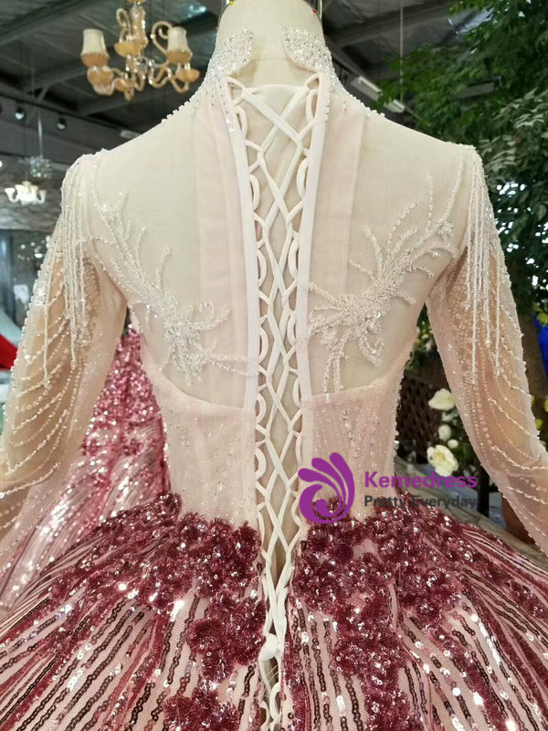 Red Sequins Long Sleeve High Neck Floor Length Wedding Dress With Beading