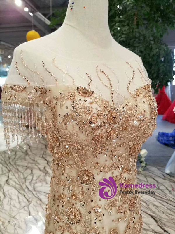 Champagne Mermaid Lace Appliques Cap Sleeve Backless Wedding Dress