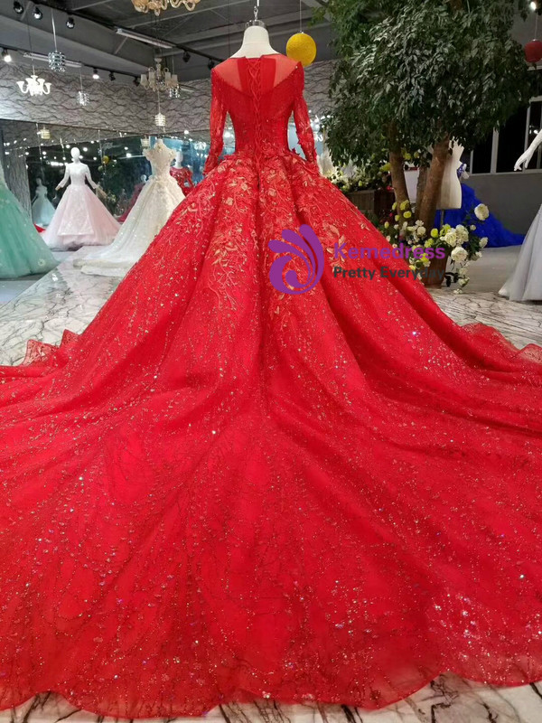 Red Ball Gown Sequins Long Sleeve Appliques Wedding Dress With Beading