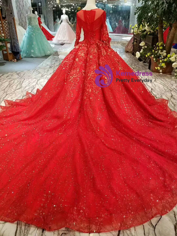 Red Ball Gown Sequins Long Sleeve Appliques Wedding Dress With Beading