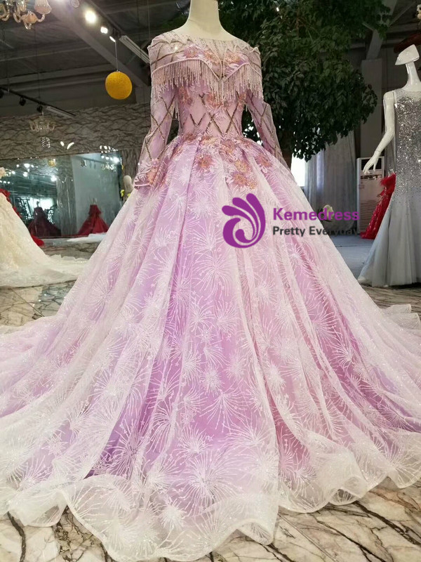 Purple Tulle Lace Appliques Long Sleeve Wedding Dress With Beading