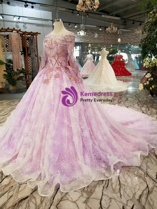 Purple Tulle Lace Appliques Long Sleeve Wedding Dress With Beading