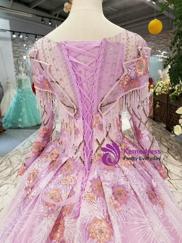 Purple Tulle Lace Appliques Long Sleeve Wedding Dress With Beading