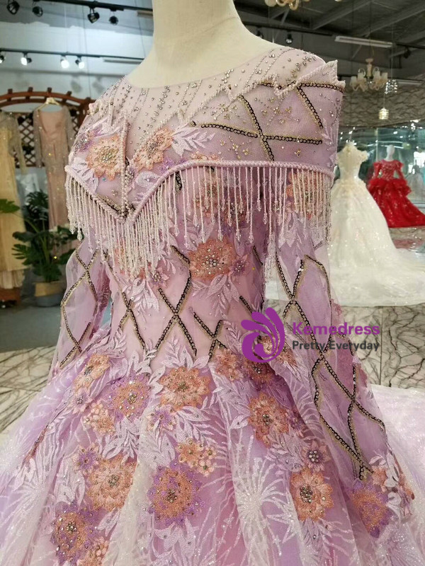 Purple Tulle Lace Appliques Long Sleeve Wedding Dress With Beading