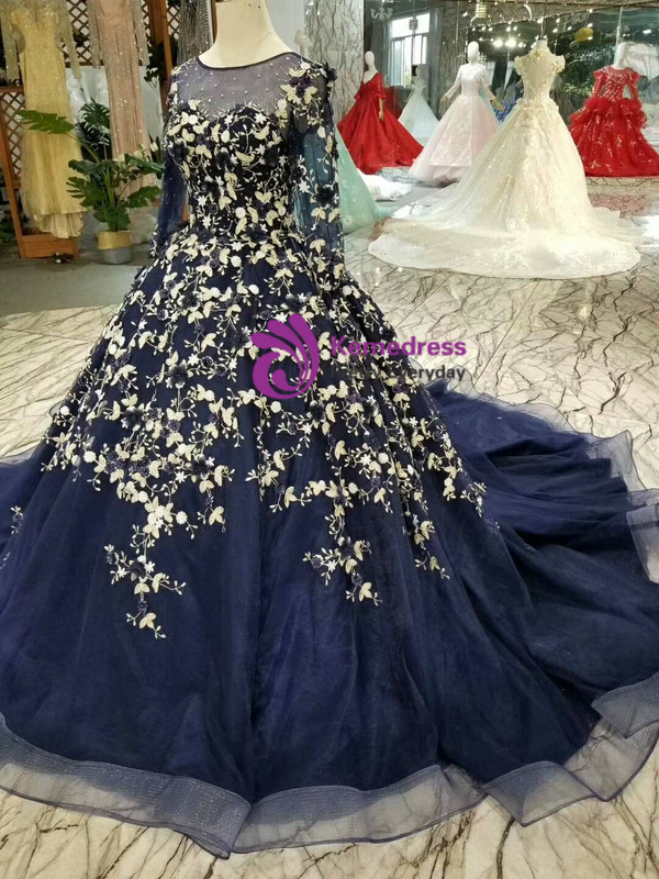 Vintage Navy Blue Long Sleeve Tulle Appliques Wedding Dress