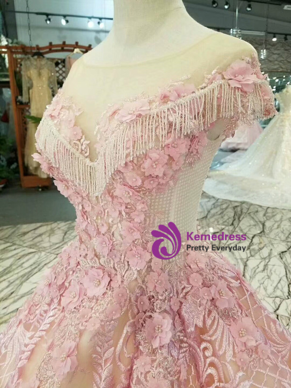 Pink Purple Lace Cap Sleeve Backless Wedding Dress With Beading