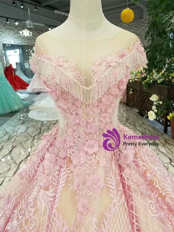 Pink Purple Lace Cap Sleeve Backless Wedding Dress With Beading