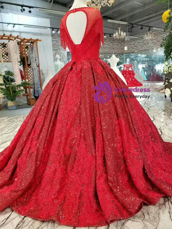 Red Ball Gown Sequins Appliques Cap Sleeve Backless Wedding Dress With Beading