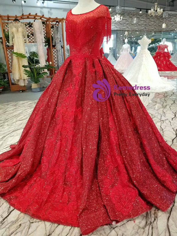 Red Ball Gown Sequins Appliques Cap Sleeve Backless Wedding Dress With Beading