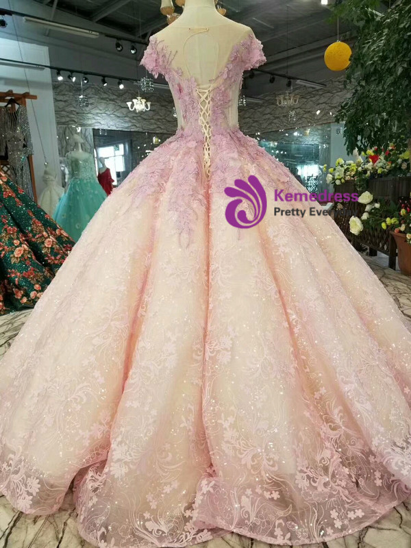 Pink Purple Lace Appliques Cap Sleeve Backless Wedding Dress With Beading