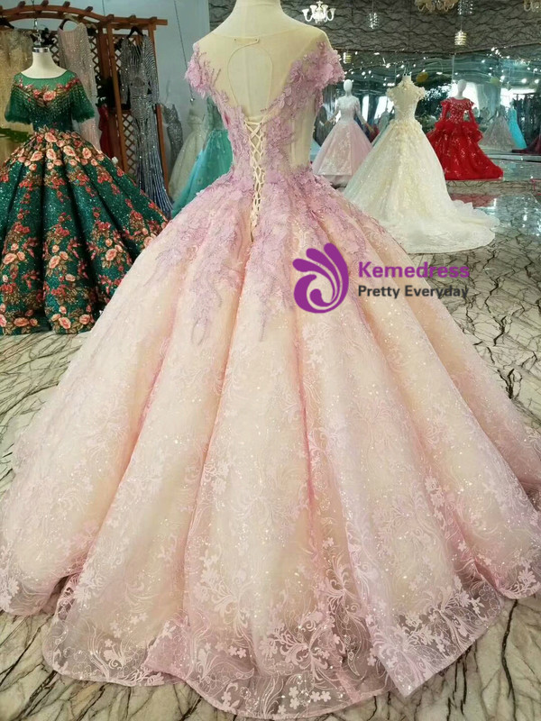 Pink Purple Lace Appliques Cap Sleeve Backless Wedding Dress With Beading