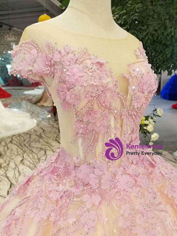 Pink Purple Lace Appliques Cap Sleeve Backless Wedding Dress With Beading