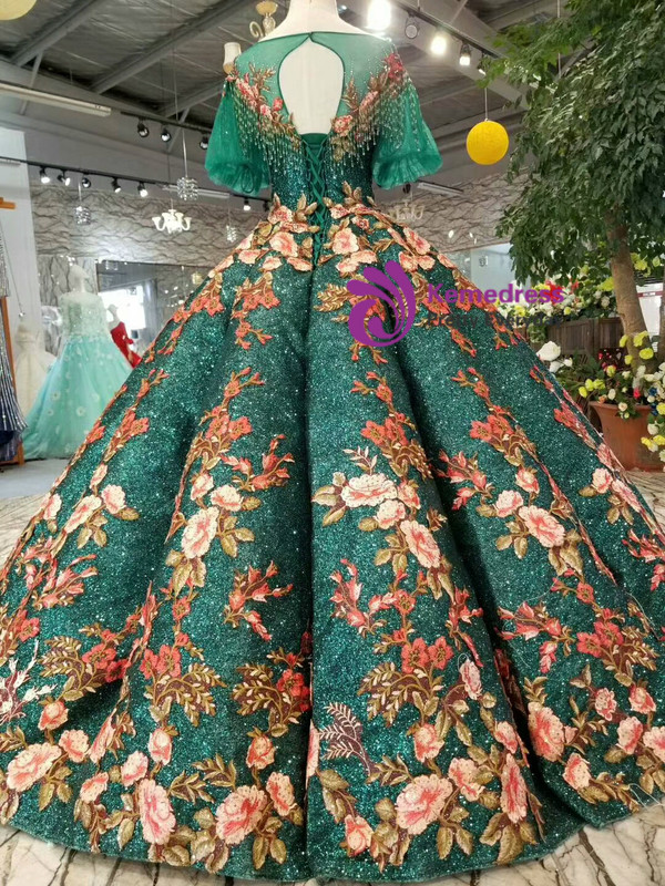 Green Ball Gown Sequins Embroidery Flower Short Sleeve Wedding Dress