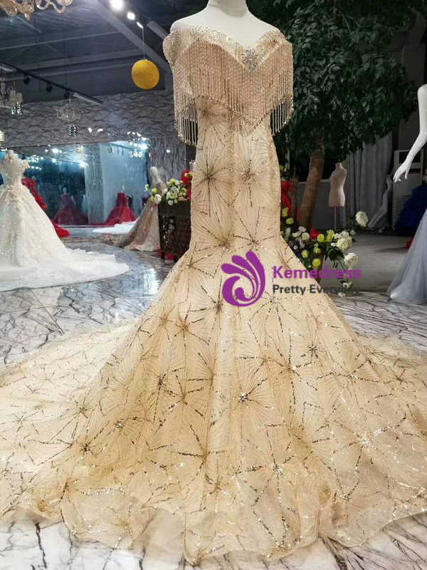 Champagne Mermaid Tulle Sequins Off The Shoulder Wedding Dress With Beading