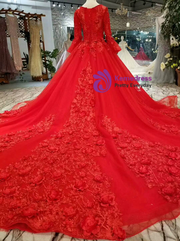 Red Tulle Long Sleeve Appliques Flower Wedding Dress With Train