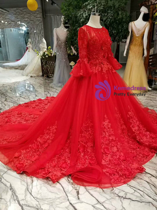 Red Tulle Long Sleeve Appliques Flower Wedding Dress With Train