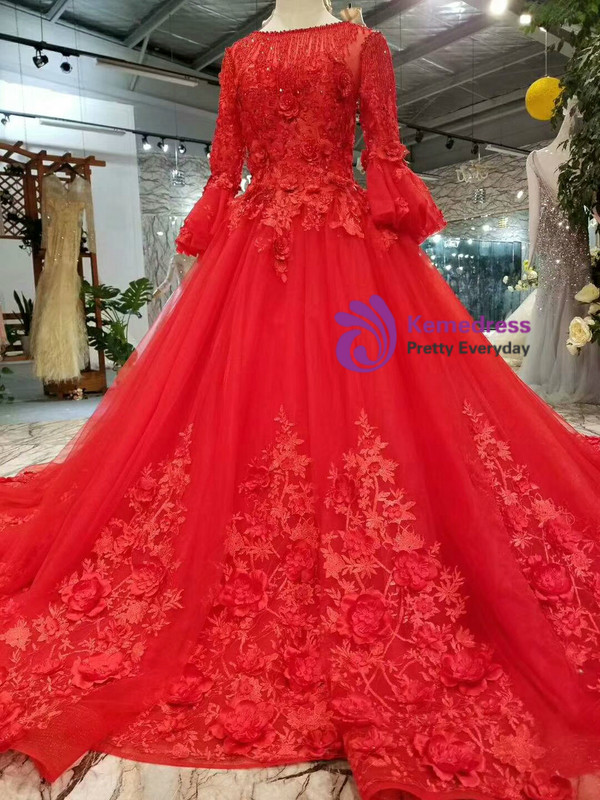 Red Tulle Long Sleeve Appliques Flower Wedding Dress With Train