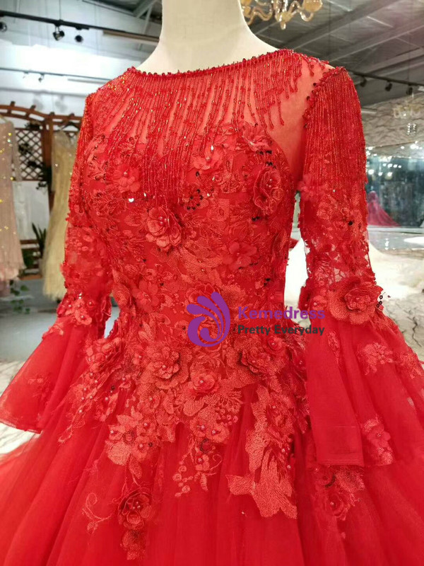 Red Tulle Long Sleeve Appliques Flower Wedding Dress With Train