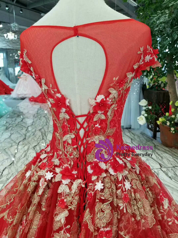 Red Ball Gown Tulle Gold Lace Appliques Cap Sleeve Backless Wedding Dress