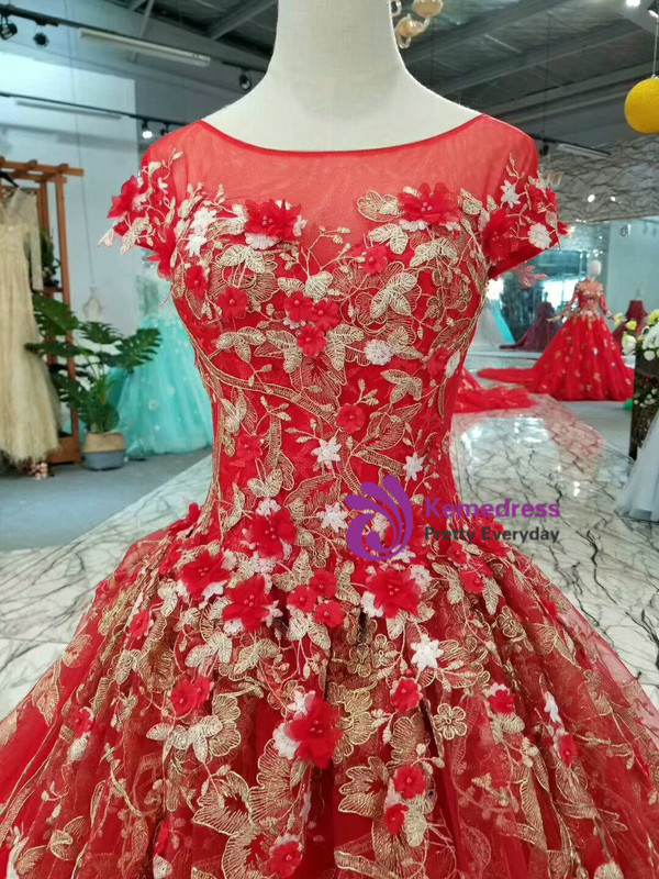 Red Ball Gown Tulle Gold Lace Appliques Cap Sleeve Backless Wedding Dress