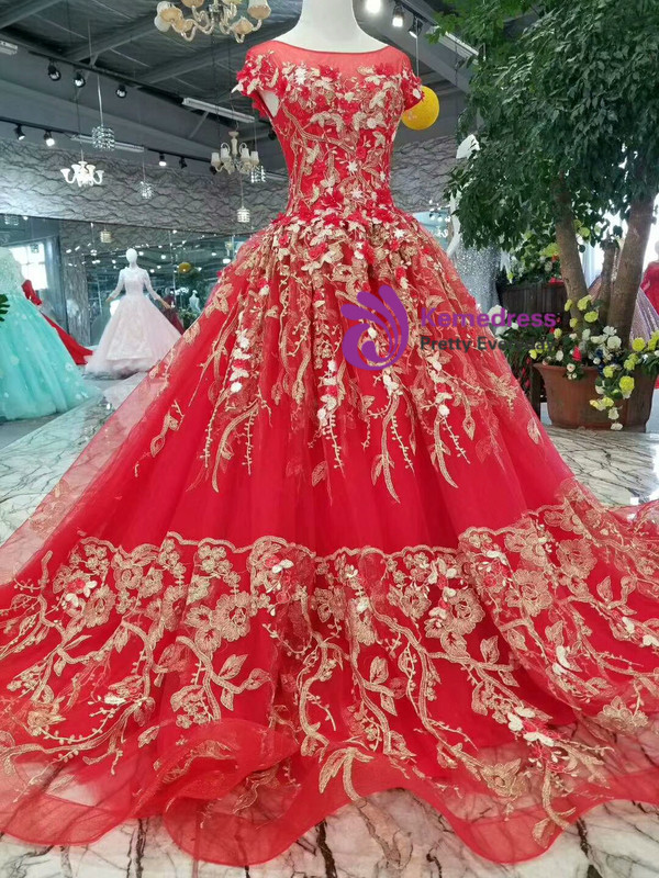 Red Ball Gown Tulle Gold Lace Appliques Cap Sleeve Backless Wedding Dress