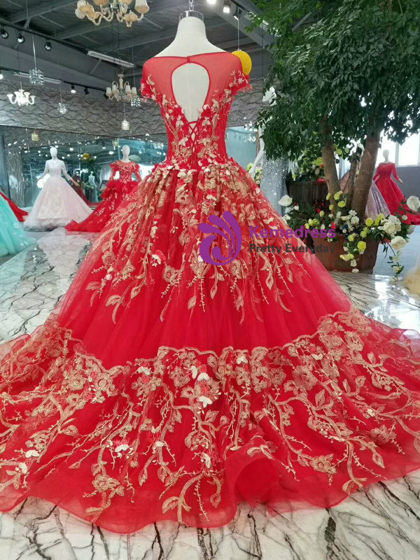 Red Ball Gown Tulle Gold Lace Appliques Cap Sleeve Backless Wedding Dress